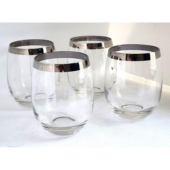 WINE GLASSES-STEMLESS-Clear Glass With Silver Rims-Rounded-Set of 4 - Picture 4 of 9